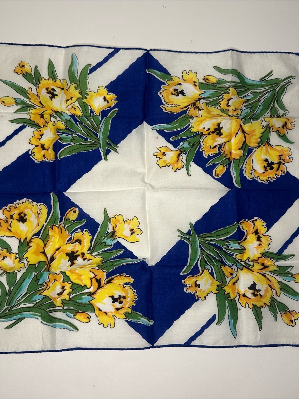 Vintage Womens Handkerchief Yellow Tulip Flowers Blue Border Edge 14in Hankie